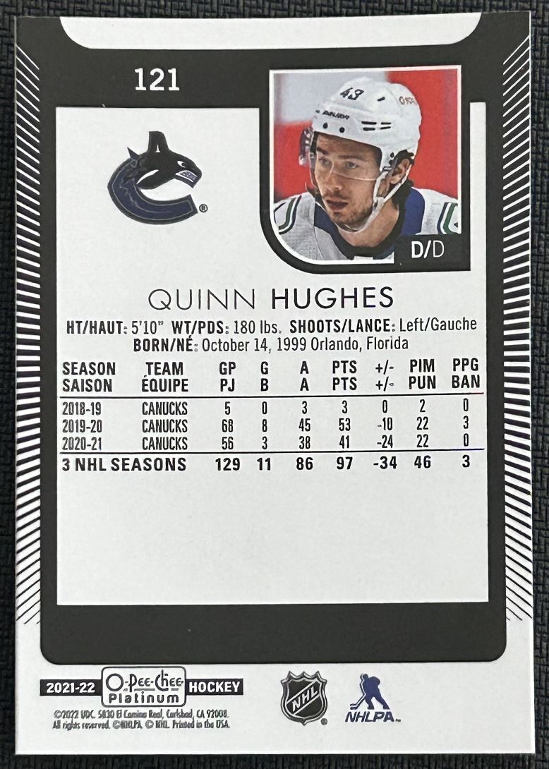 2021-22 O-Pee-Chee Platinum Quinn Hughes Vancouver Canucks #121