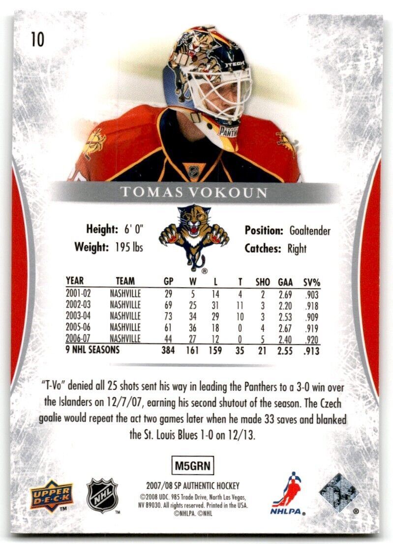 2007-08 SP Authentic Tomas Vokoun Florida Panthers #10