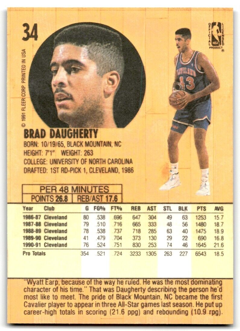 1991-92 Fleer Brad Daugherty Cleveland Cavaliers #34