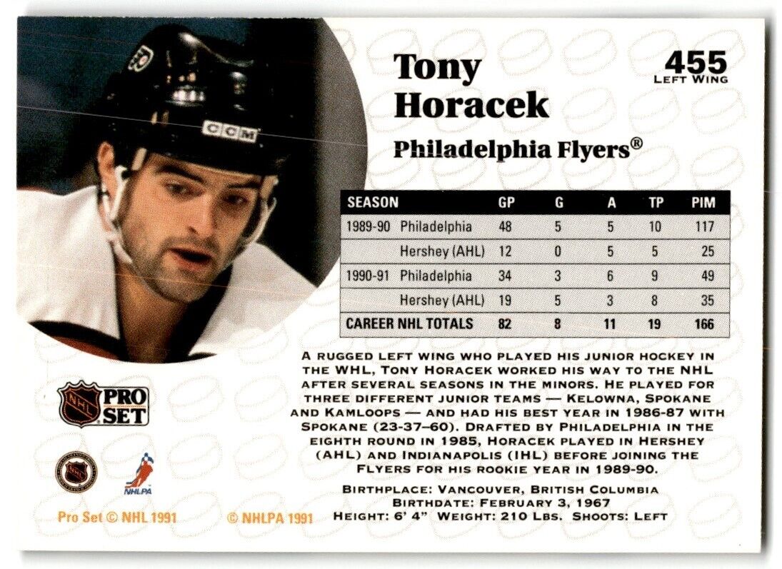 1991-92 Pro Set Tony Horacek Philadelphia Flyers #455