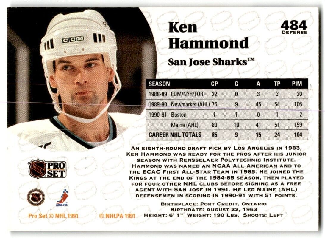 1991-92 Pro Set Ken Hammond Rookie San Jose Sharks #484