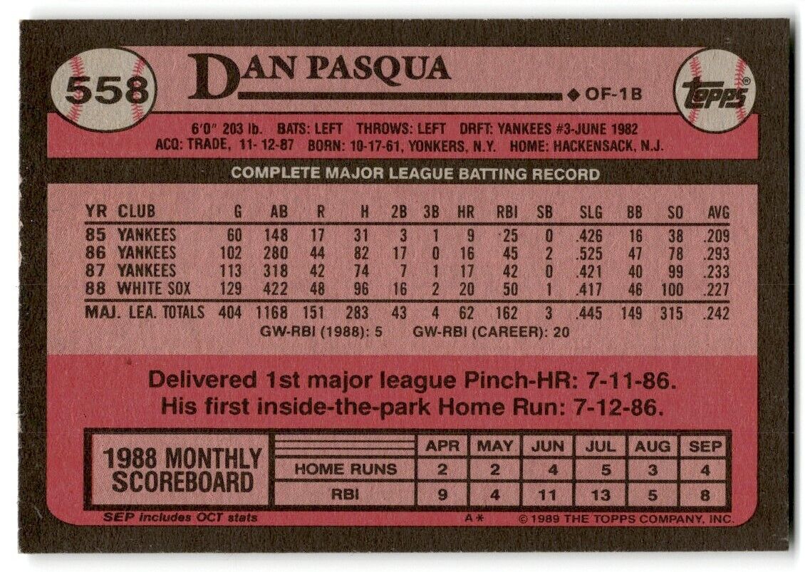 1989 Topps Dan Pasqua Chicago White Sox #558