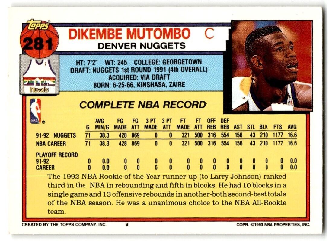 1992-93 Topps Dikembe Mutombo Denver Nuggets #281