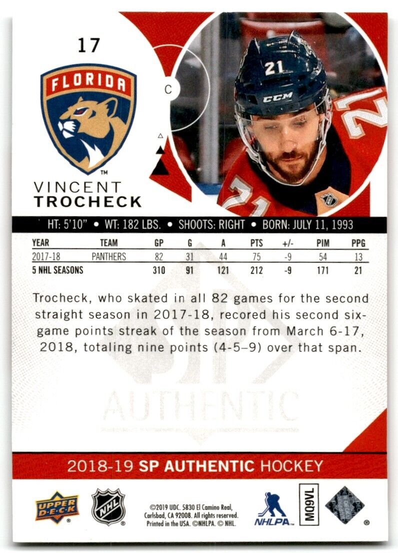 2018-19 SP Authentic Vincent Trocheck Florida Panthers #17