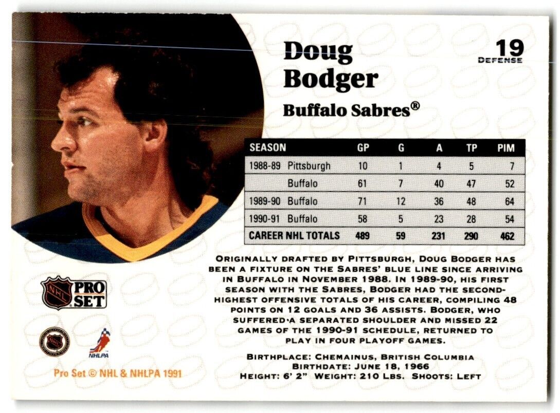 1991-92 Pro Set Doug Bodger Buffalo Sabres #19