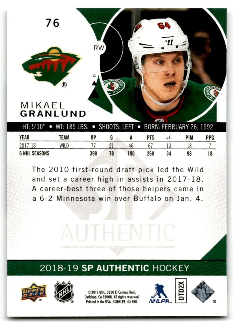 2019-20 SP Authentic Mikael Granlund Minnesota Wild #76