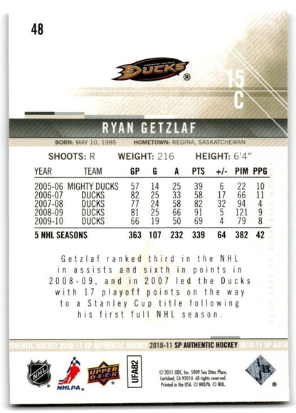 2010-11 SP Authentic Ryan Getzlaf Anaheim Ducks #48