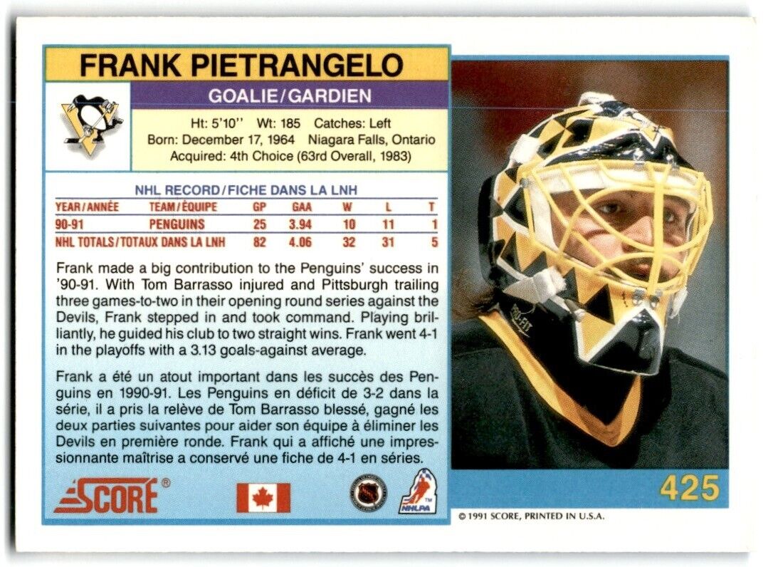 1991-92 Score Canadian Bilingual Frank Pietrangelo Pittsburgh Penguins #425