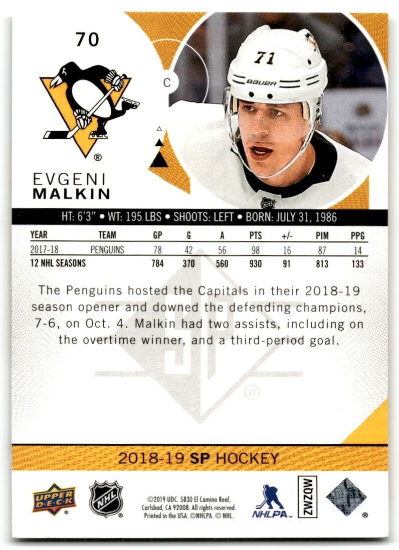 2018-19 SP Evgeni Malkin Pittsburgh Penguins #70