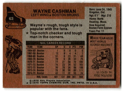 1975-76 Topps Wayne Cashman Boston Bruins #63