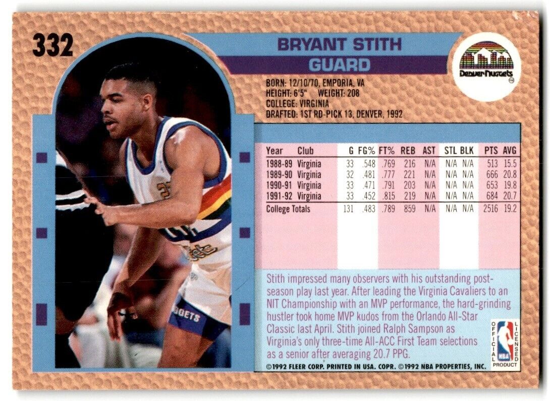 1992-93 Fleer Bryant Stith Rookie Denver Nuggets #332