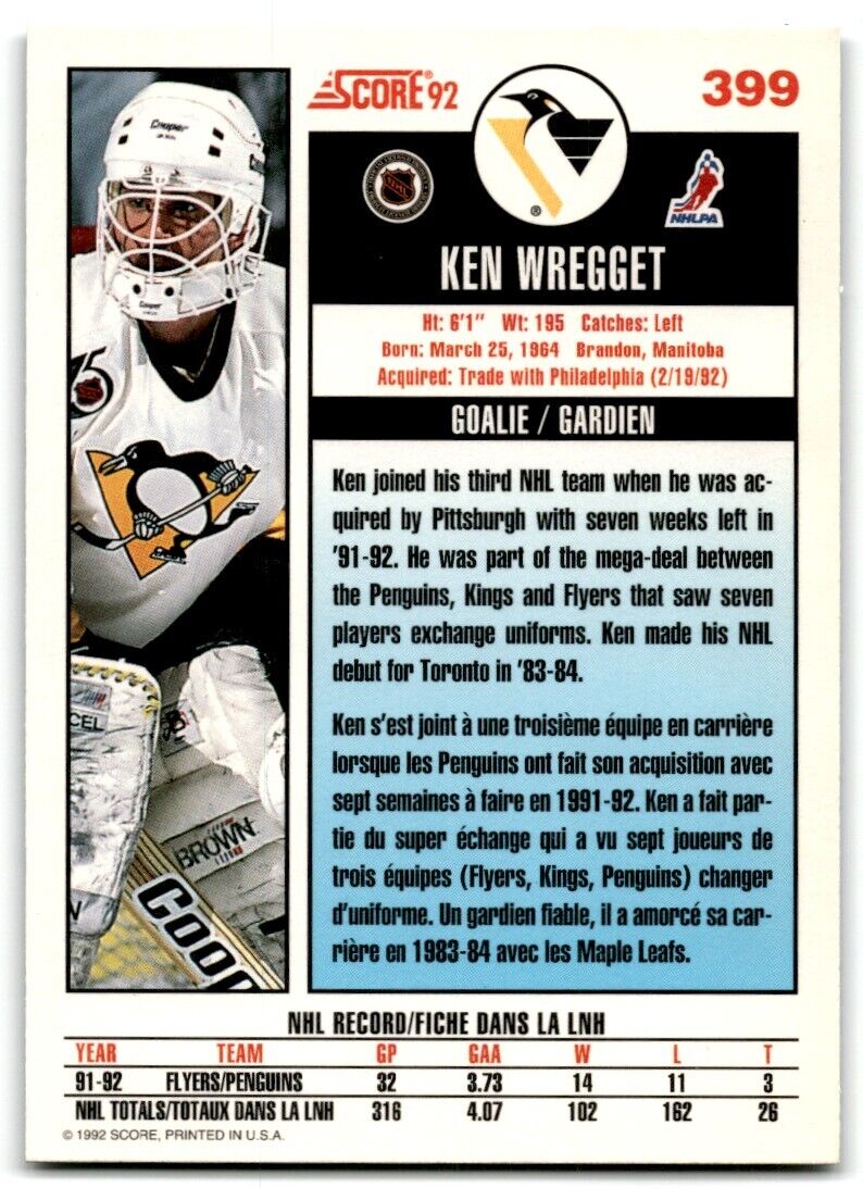 1992-93 Score Ken Wregget Pittsburgh Penguins #399