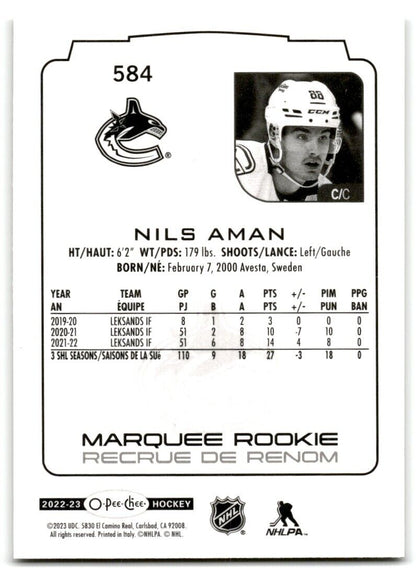 2022-23 O-Pee-Chee Nils Aman Rookie Vancouver Canucks #584