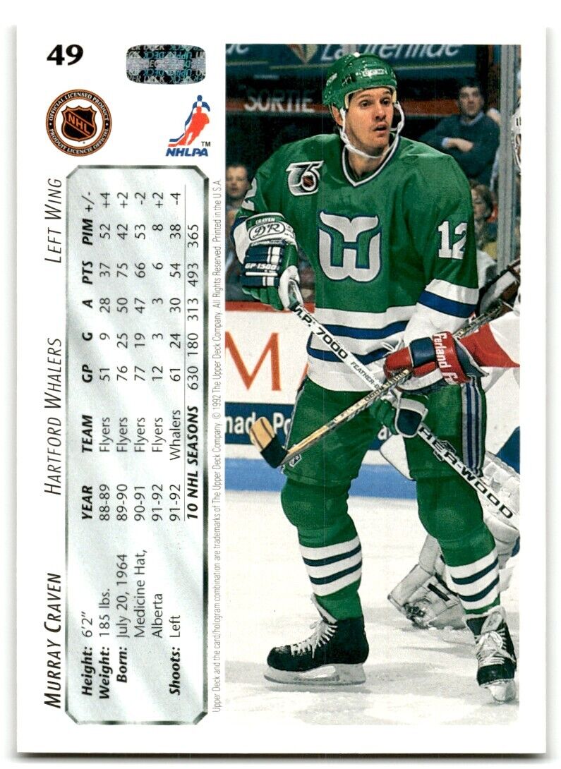 1992-93 Upper Deck Murray Craven Hartford Whalers #49