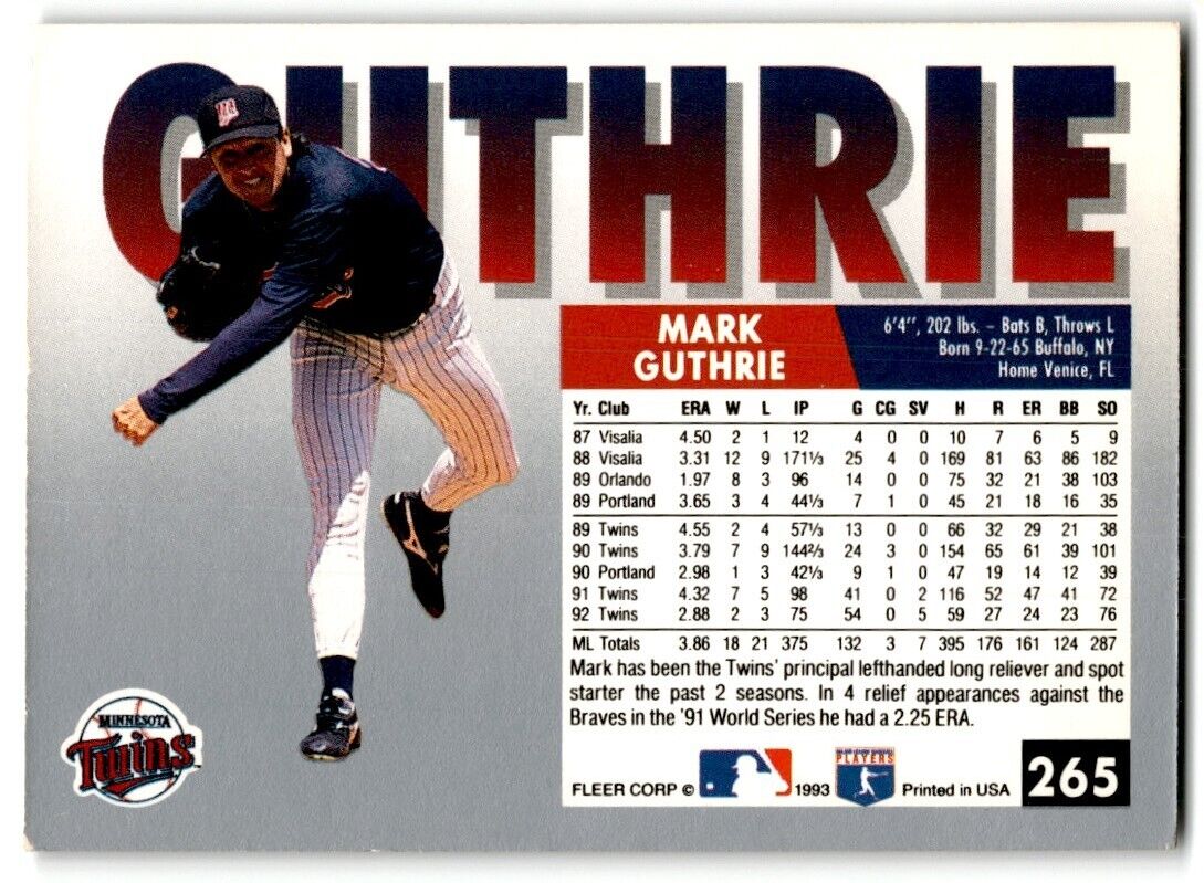 1993 Fleer Mark Guthrie Minnesota Twins #265