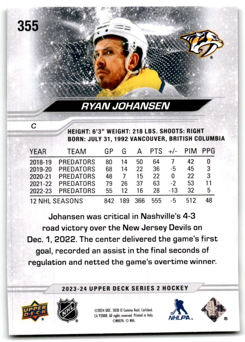 2023-24 Upper Deck Ryan Johansen Nashville Predators #355