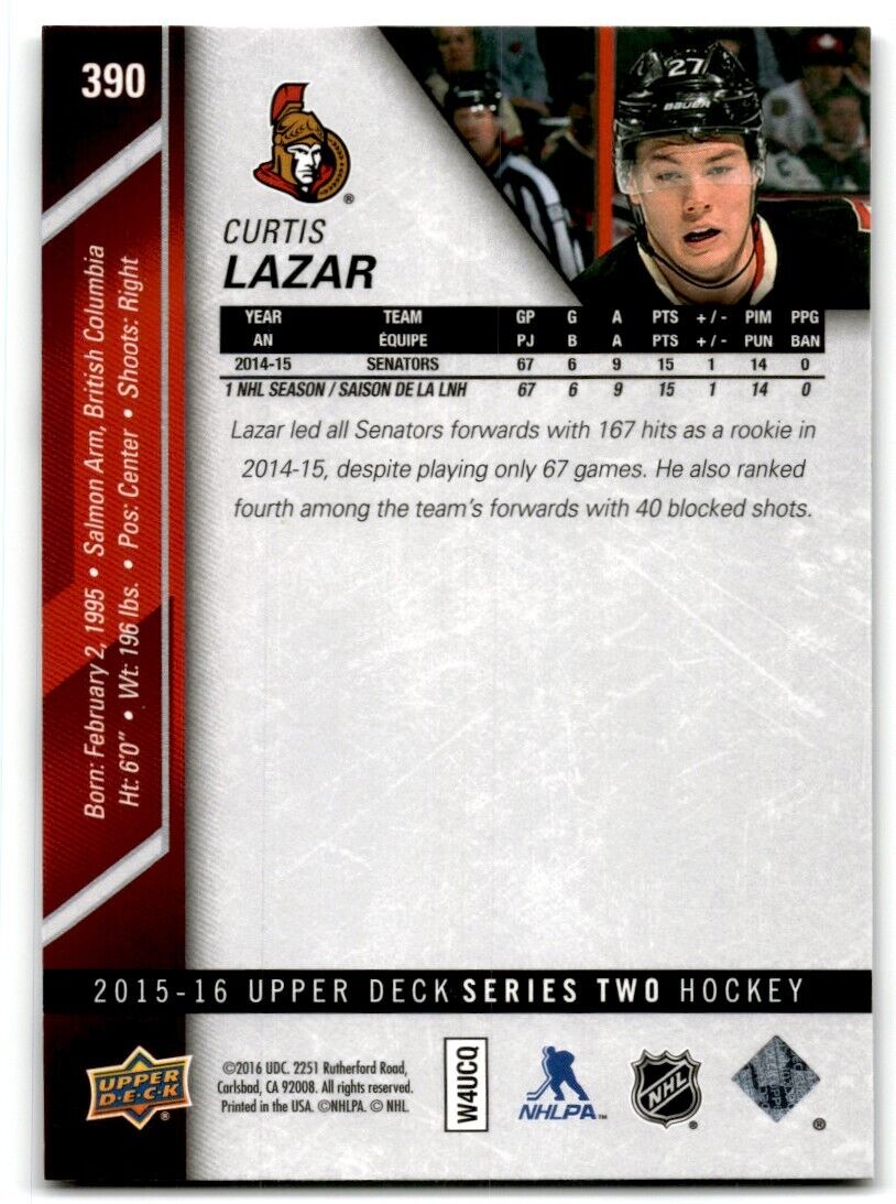 2015-16 Upper Deck Curtis Lazar Ottawa Senators #390