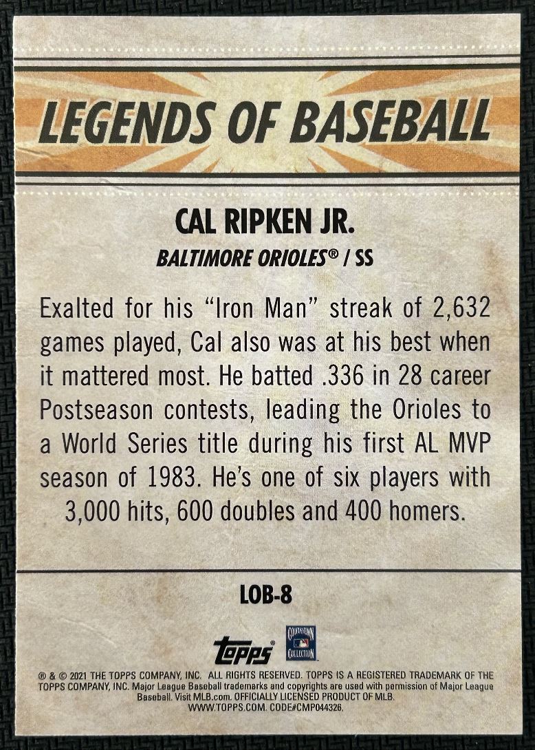 2021 Topps Legends of Baseball Cal Ripken Jr. Baltimore Orioles #LOB-8