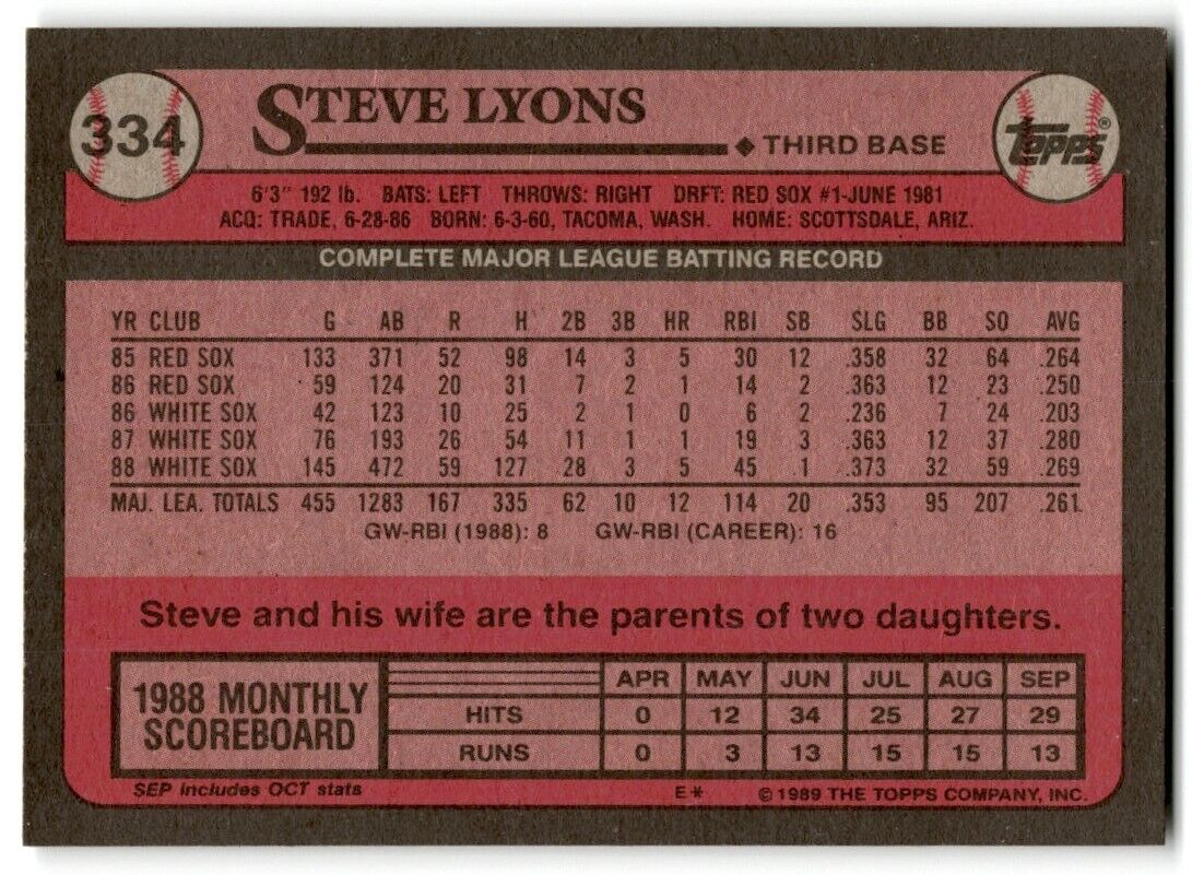 1989 Topps Steve Lyons Chicago White Sox #334