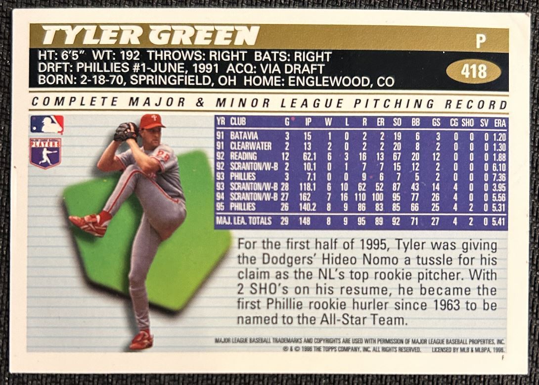 1996 Topps Tyler Green Philadelphia Phillies #418