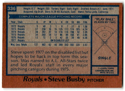 1978 Topps Steve Busby Kansas City Royals #336