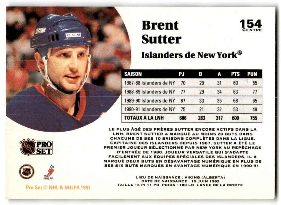 1991-92 Pro Set Brent Sutter New York Islanders #154