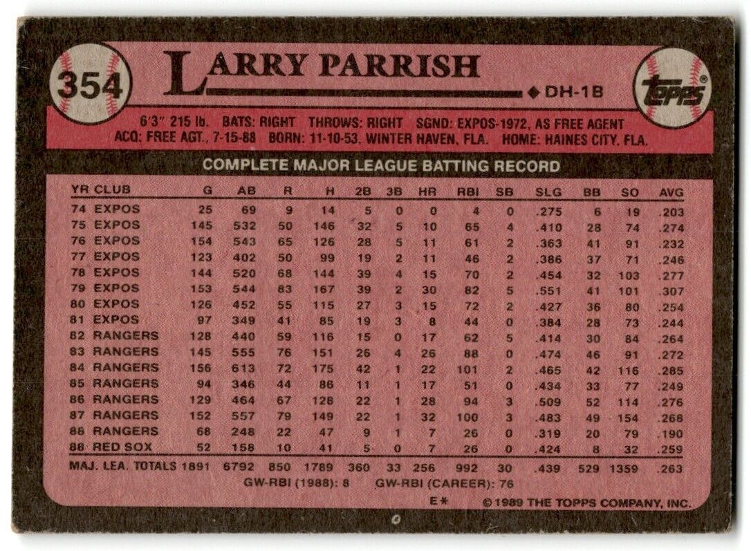 1989 Topps Larry Parrish Boston Red Sox #354