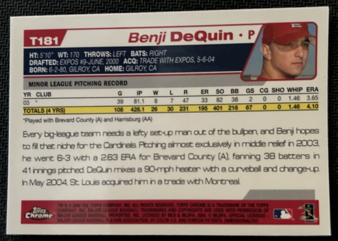 2004 Topps Traded & Rookies Benji DeQuin Rookie St. Louis Cardinals #T181