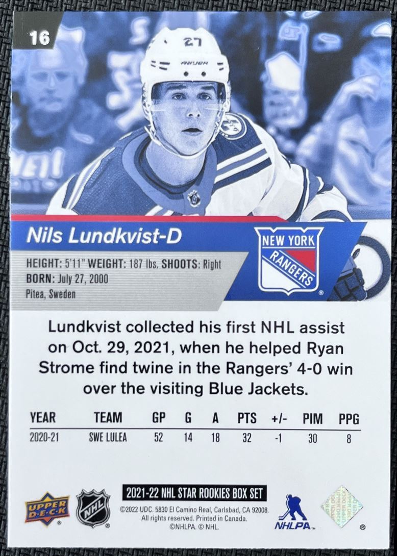 2021-22 Upper Deck NHL Star Rookie Nils Lundkvist Rookie New-New York Rangers