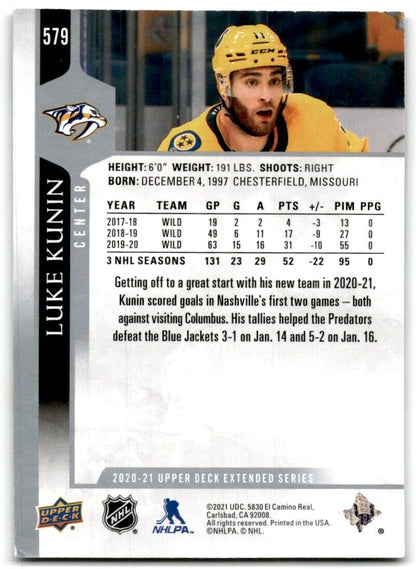 2020-21 Upper Deck Luke Kunin Nashville Predators #579