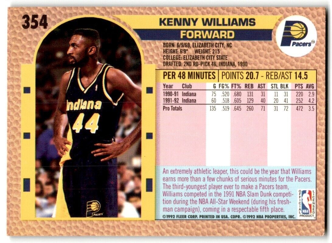 1992-93 Fleer Kenny Williams Indiana Pacers #354