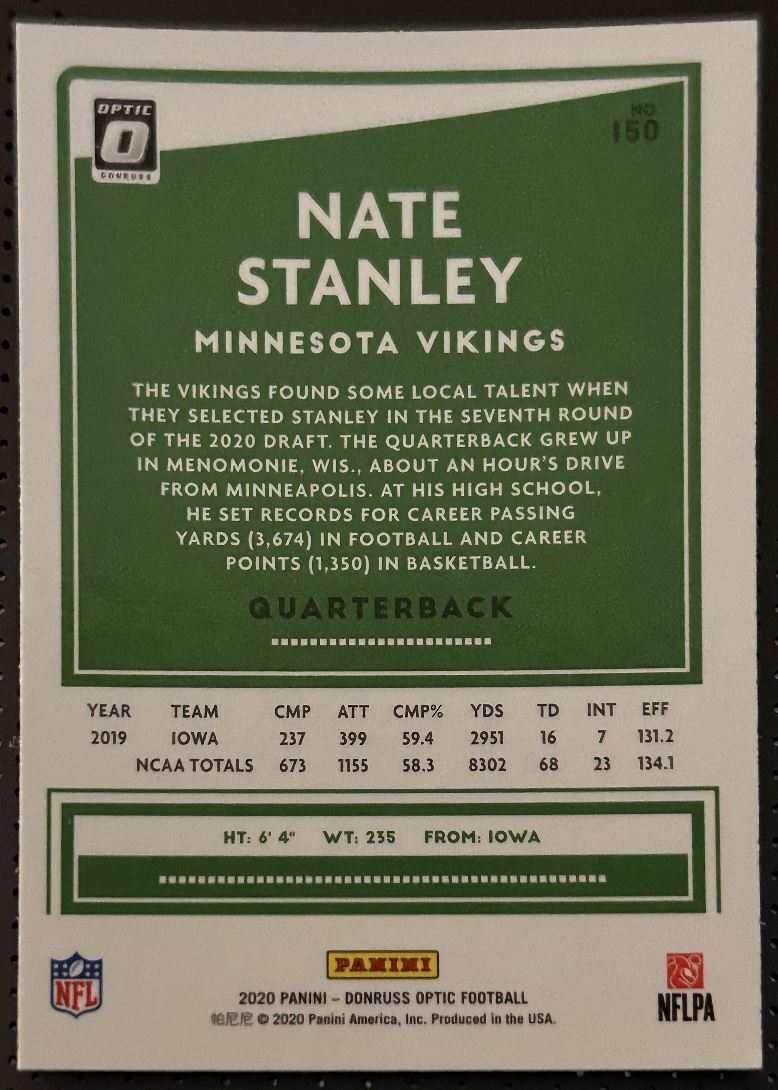 2020 Donruss Optic Nate Stanley Rookie Minnesota Vikings #150