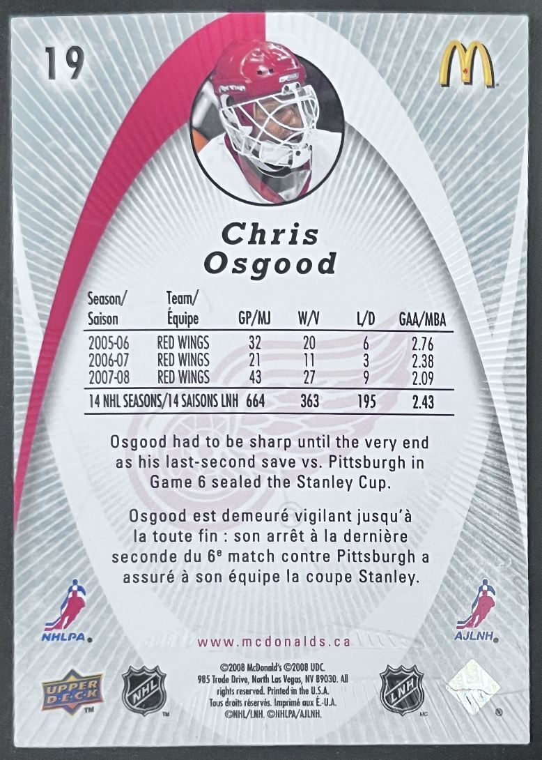 2008-09 McDonald's Upper Deck Chris Osgood Detroit Red Wings #19