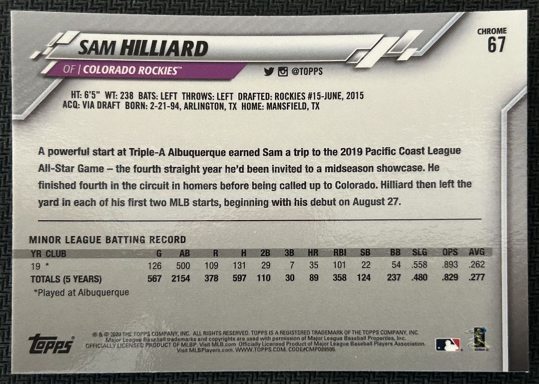 2020 Topps Chrome Sam Hilliard Rookie Colorado Rockies #67