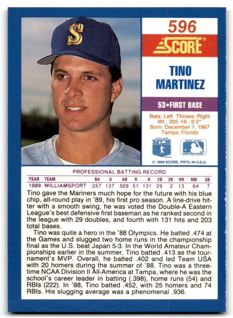 1990 Score Tino Martinez Seattle Mariners #596