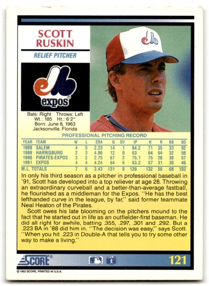 1992 Score Scott Ruskin Montreal Expos #121