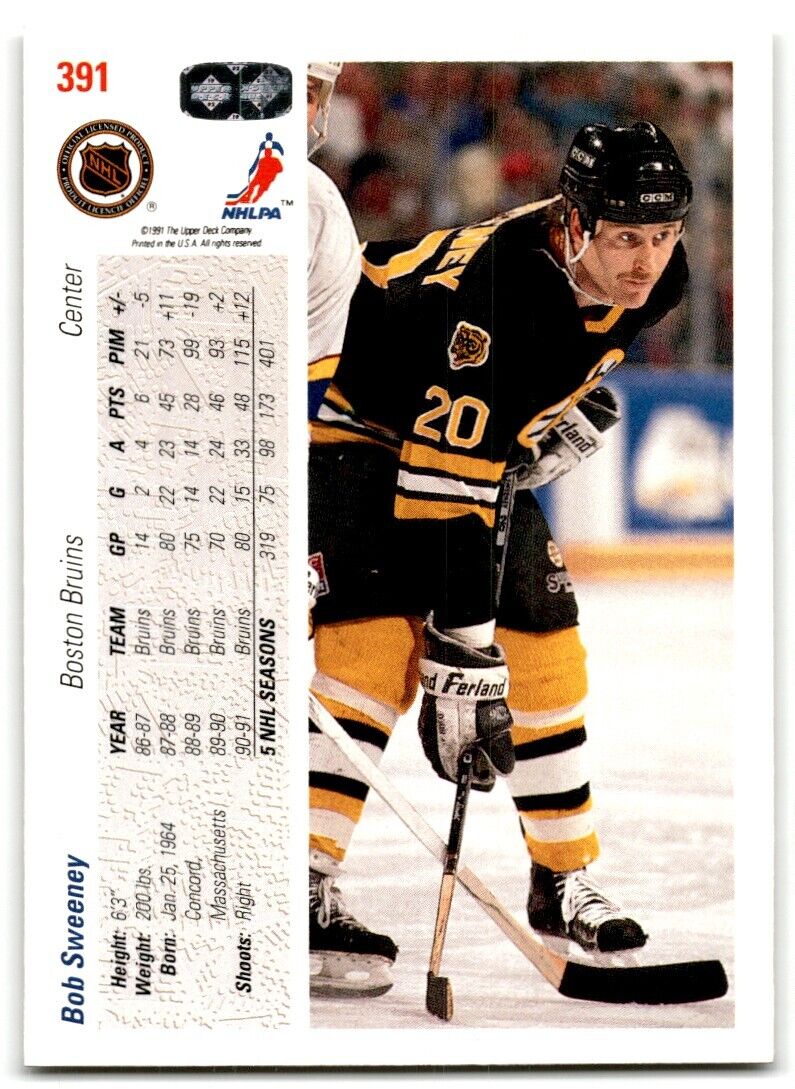 1991-92 Upper Deck Bob Sweeney Boston Bruins #391