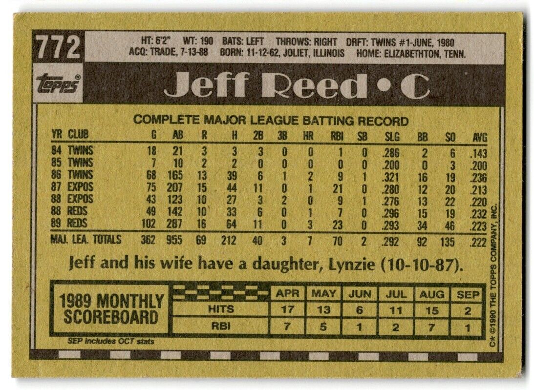 1990 Topps Jeff Reed Cincinnati Reds #772