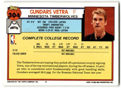 1992-93 Topps Gundars Vetra Rookie Minnesota Timberwolves #304