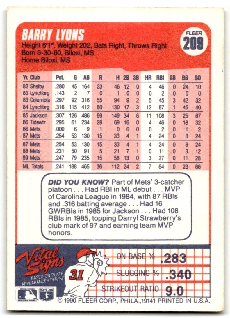 1990 Fleer Barry Lyons New York Mets #209