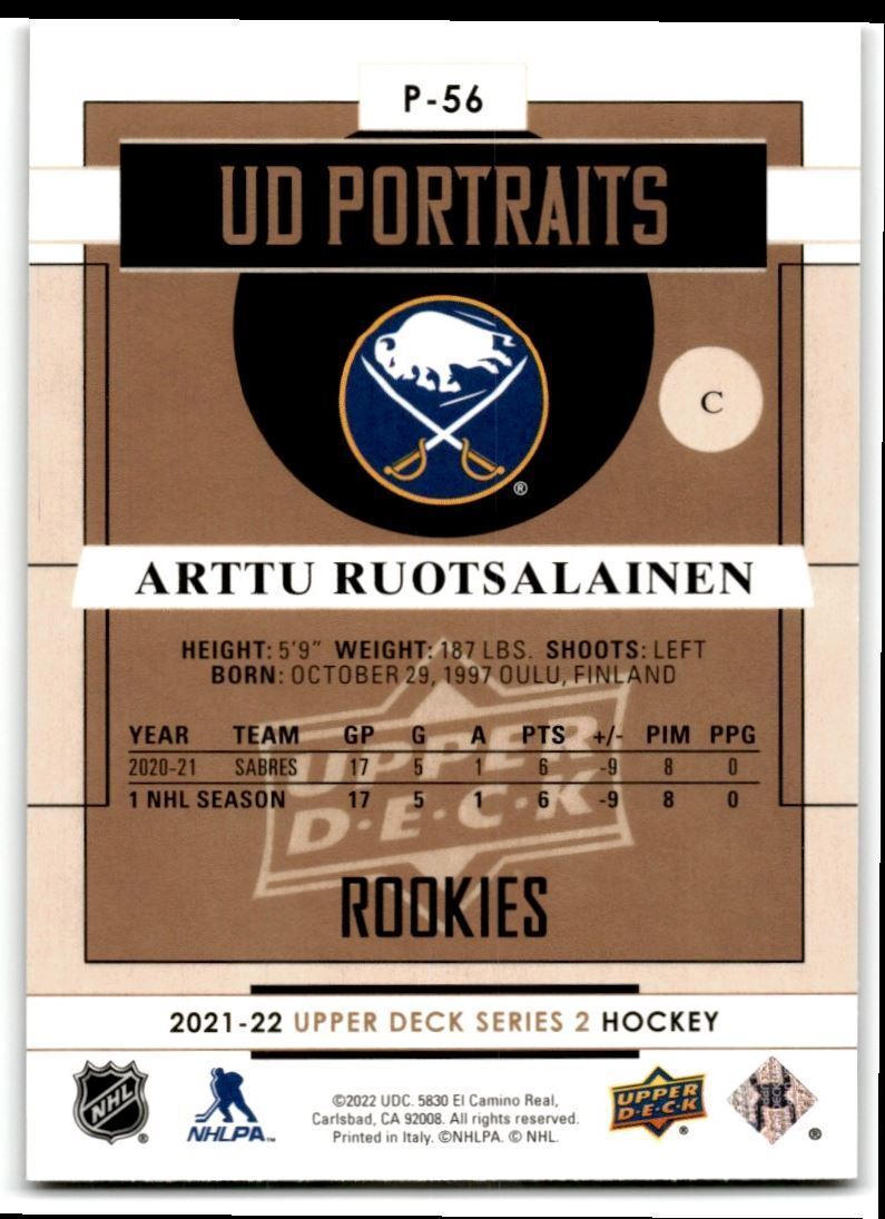 2021-22 Upper Deck UD Portraits Arttu Ruotsalainen Buffalo Sabres #P-56