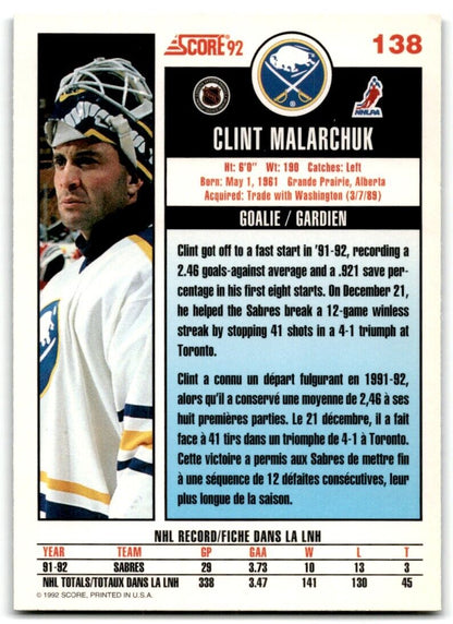 1992-93 Score Clint Malarchuk Buffalo Sabres #138