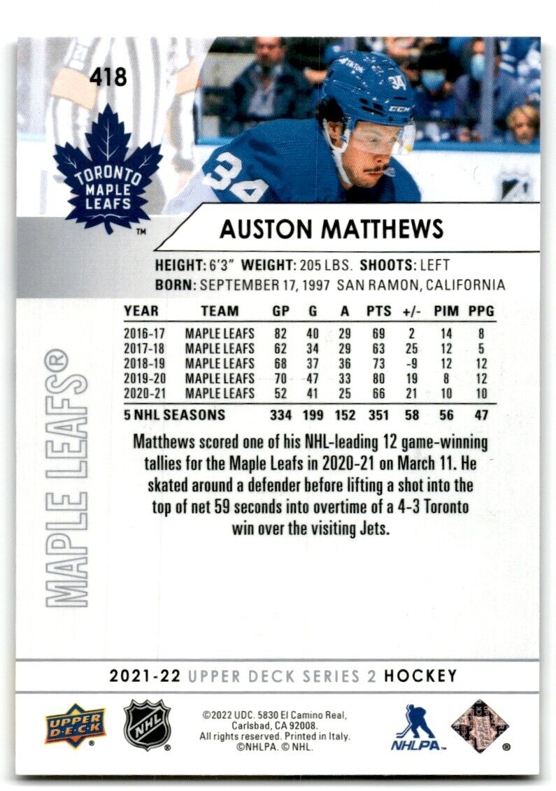 2021-22 Upper Deck Auston Matthews Toronto Maple Leafs #418