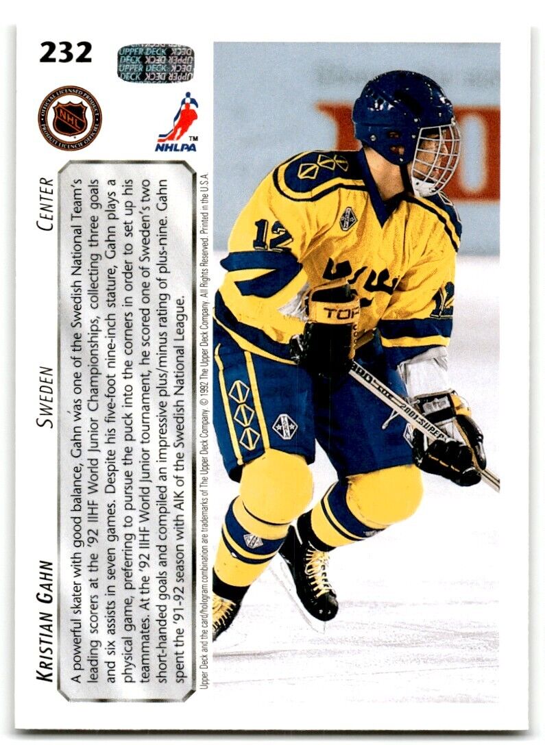 1992-93 Upper Deck Kristian Gahn Rookie Sweden #232