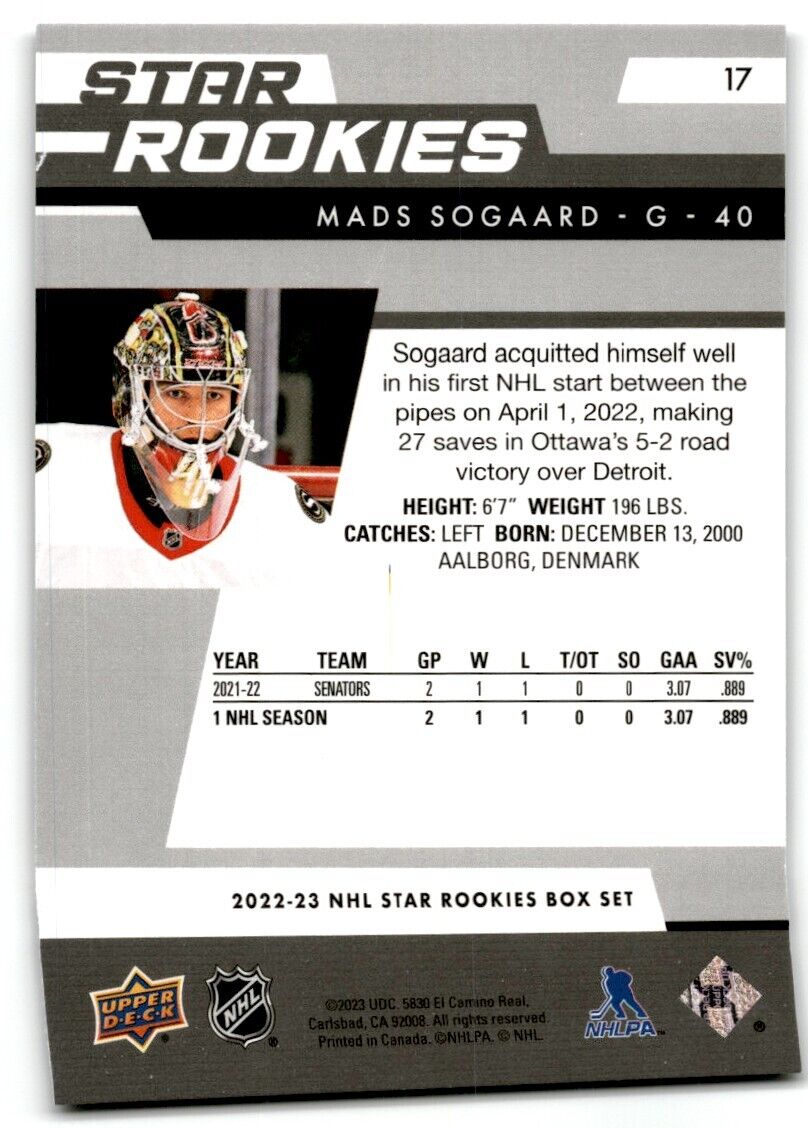 2022-23 Upper Deck Star Rookies Mads Sogaard Rookie Ottawa Senators #17