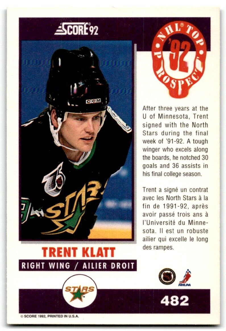 1992-93 Score Canadian Trent Klatt Rookie Minnesota North Stars #482