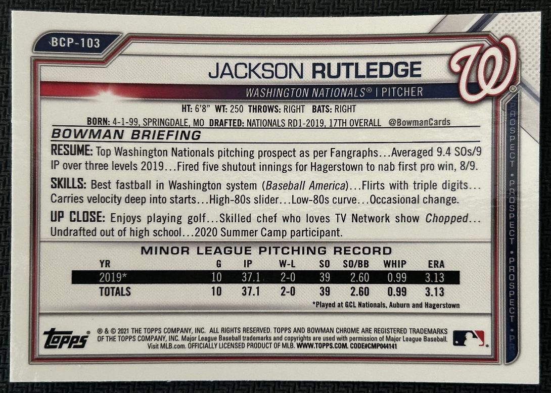 2021 Bowman Chrome Prospects Jackson Rutledge Washington Nationals #BCP-103