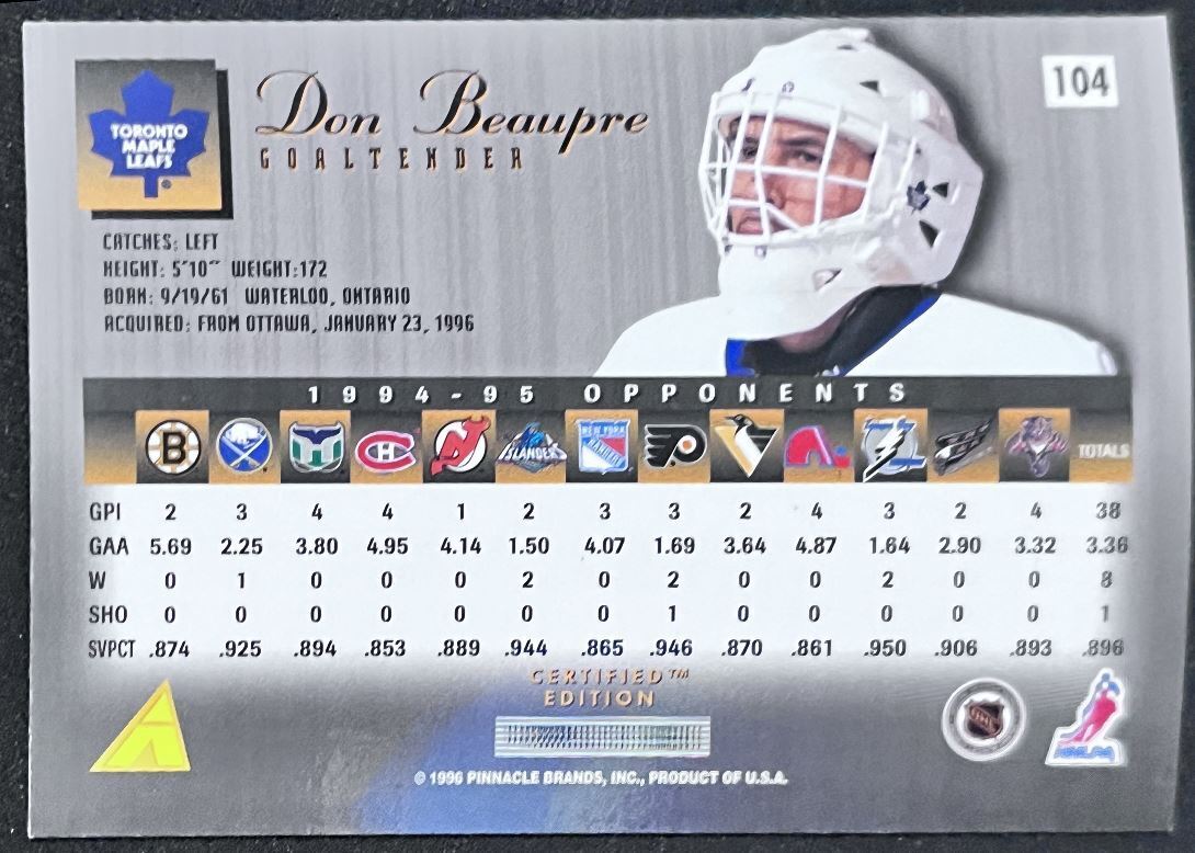 1990-91 Select Certified Don Beaupre Toronto Maple Leafs #104