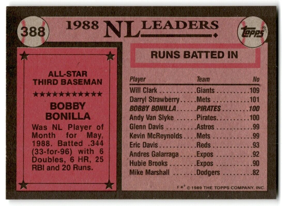 1989 Topps Bobby Bonilla Pittsburgh Pirates #388