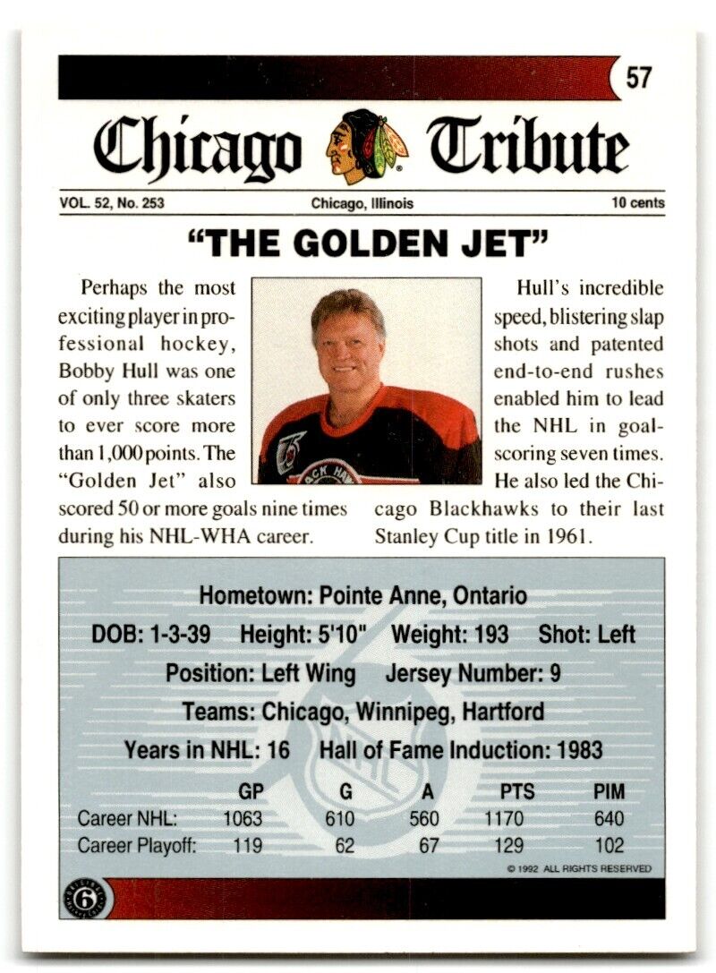 1991-92 Ultimate Original 6 French Bobby Hull Chicago Blackhawks #57